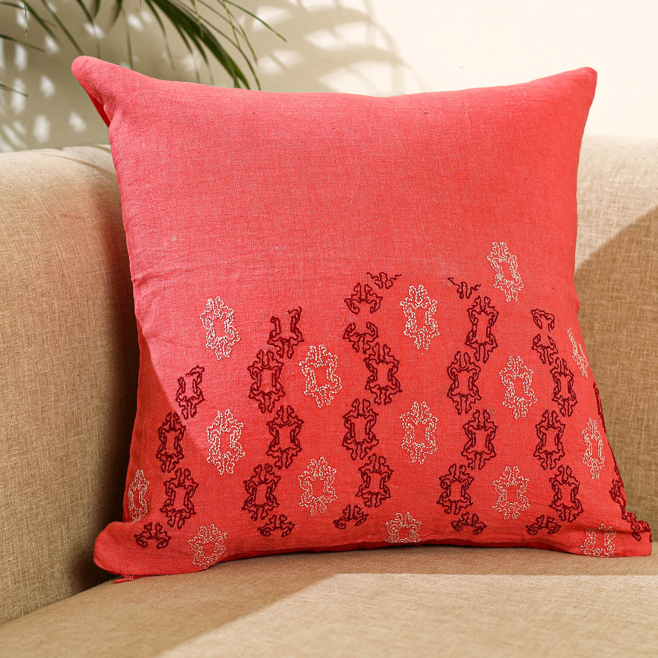 Buy Red Bengal Kantha Work Reversible Silk Cushion Cover