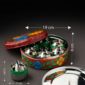 Bengal Patua Handpainted Stainless Steel Maroon Masala Box