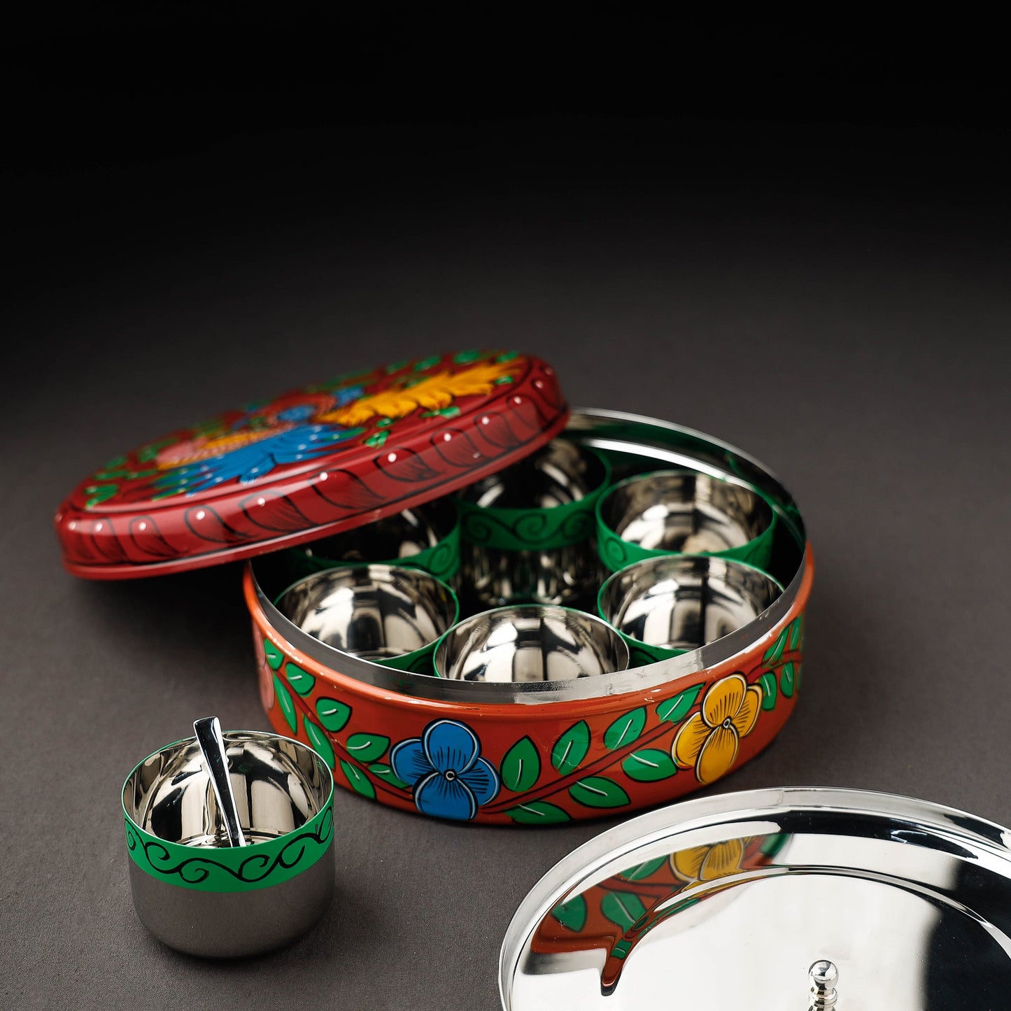 Bengal Patua Handpainted Stainless Steel Maroon Masala Box