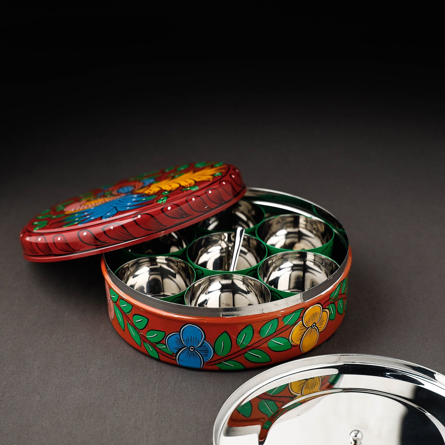 Bengal Patua Handpainted Stainless Steel Maroon Masala Box