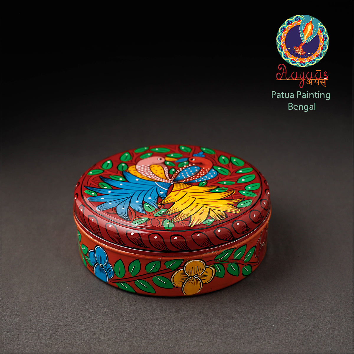 Bengal Patua Handpainted Stainless Steel Maroon Masala Box