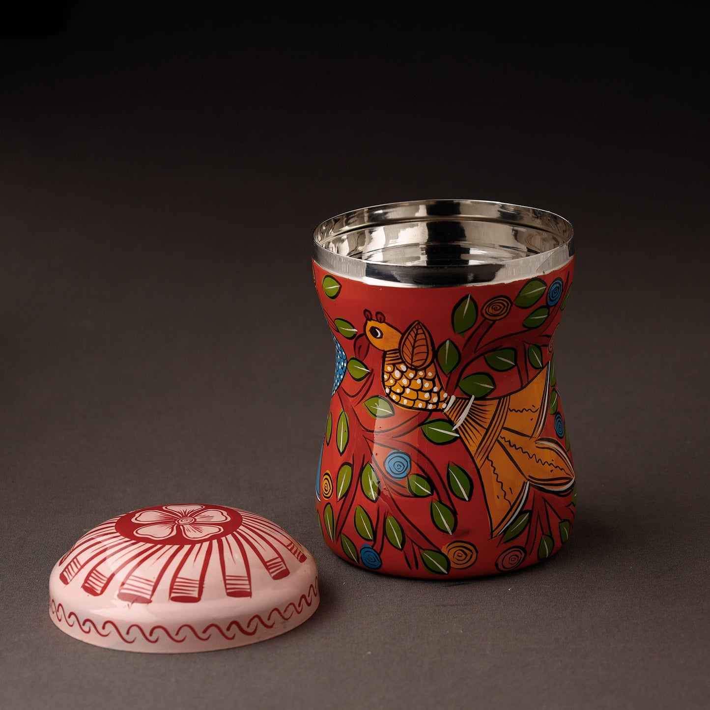 Red Bengal Patua Handpainted Stainless Steel Multi Utility Canister