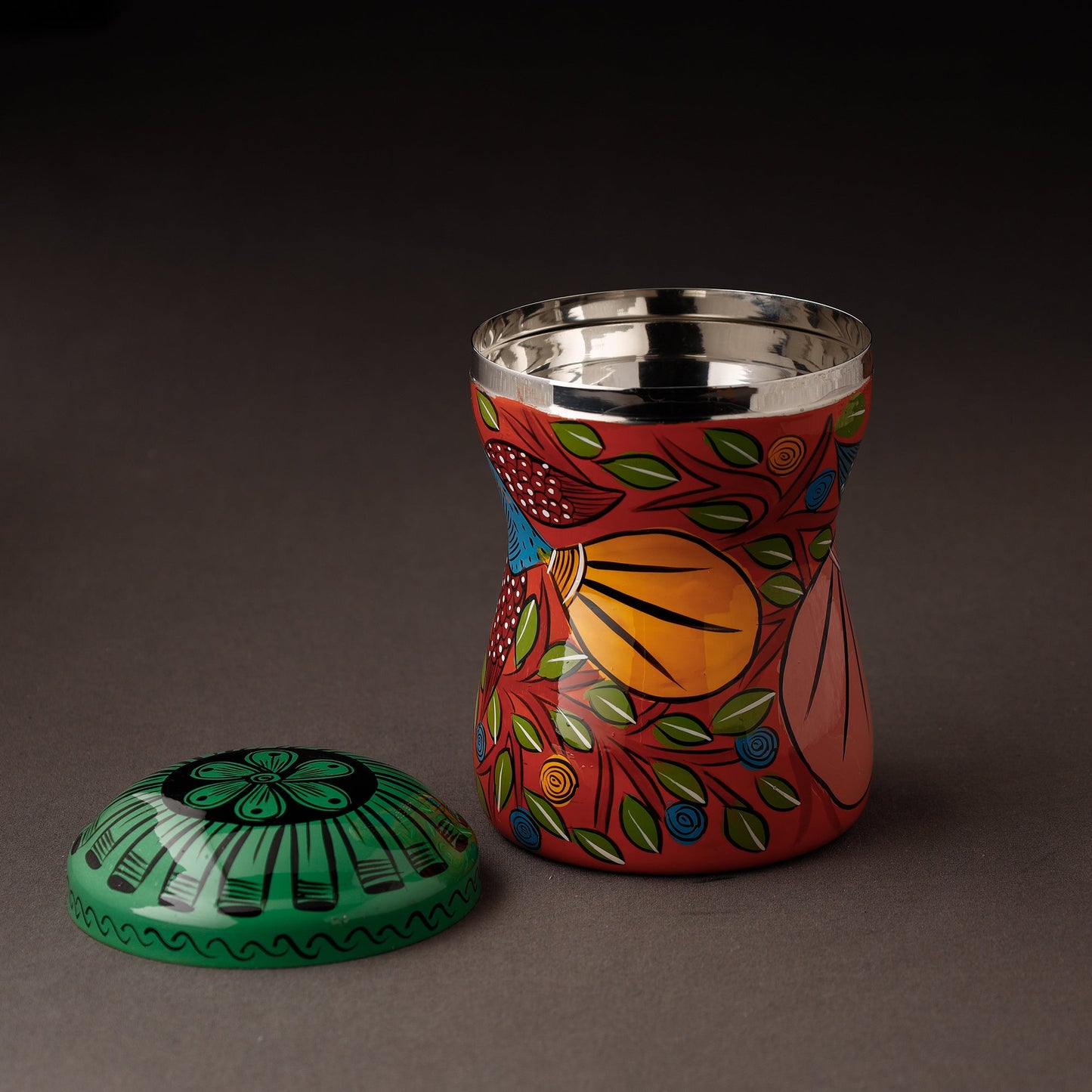 Red Bengal Patua Handpainted Stainless Steel Multi Utility Canister