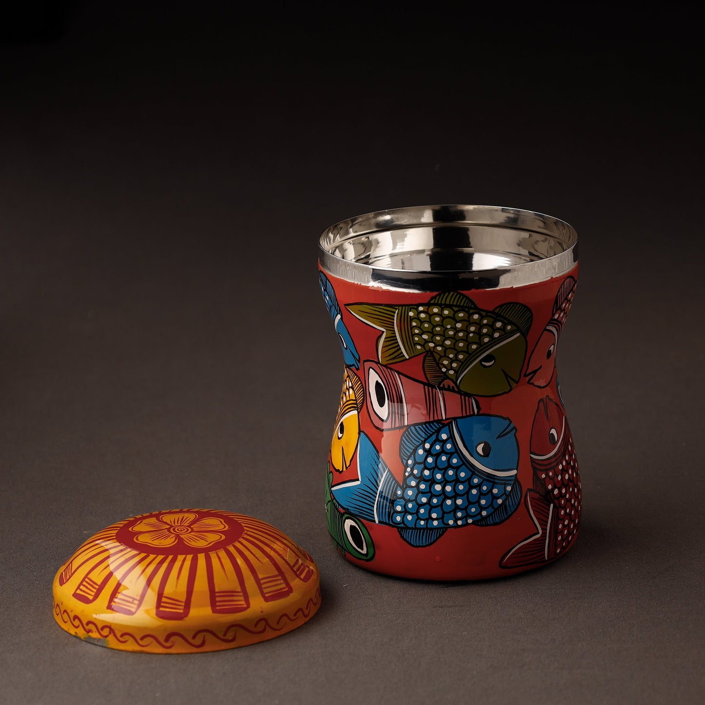 Red Bengal Patua Handpainted Stainless Steel Multi Utility Canister