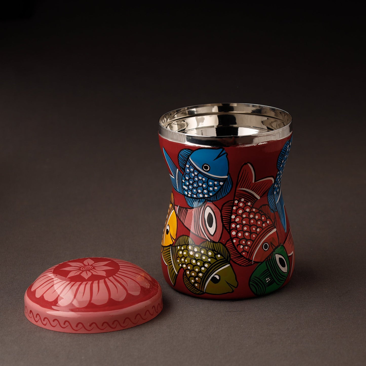 Red Bengal Patua Handpainted Stainless Steel Multi Utility Canister