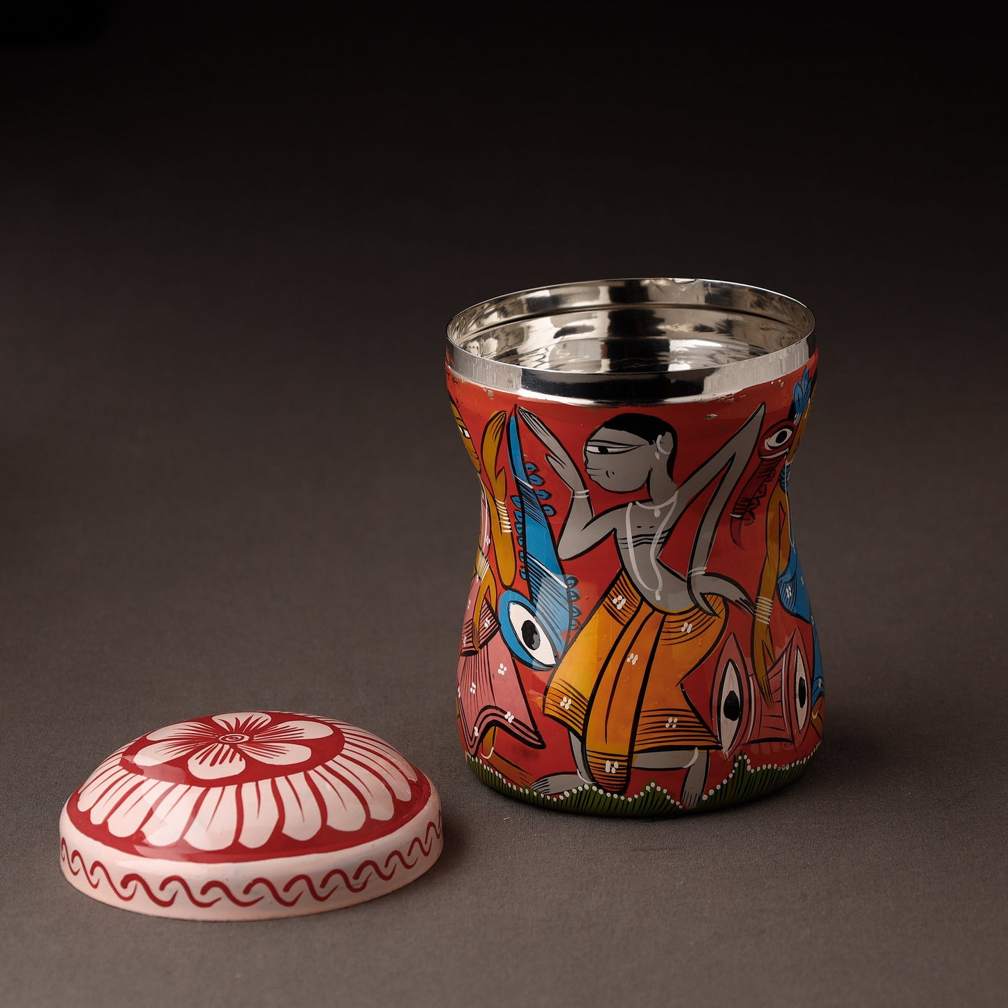 Red Bengal Patua Handpainted Stainless Steel Multi Utility Canister