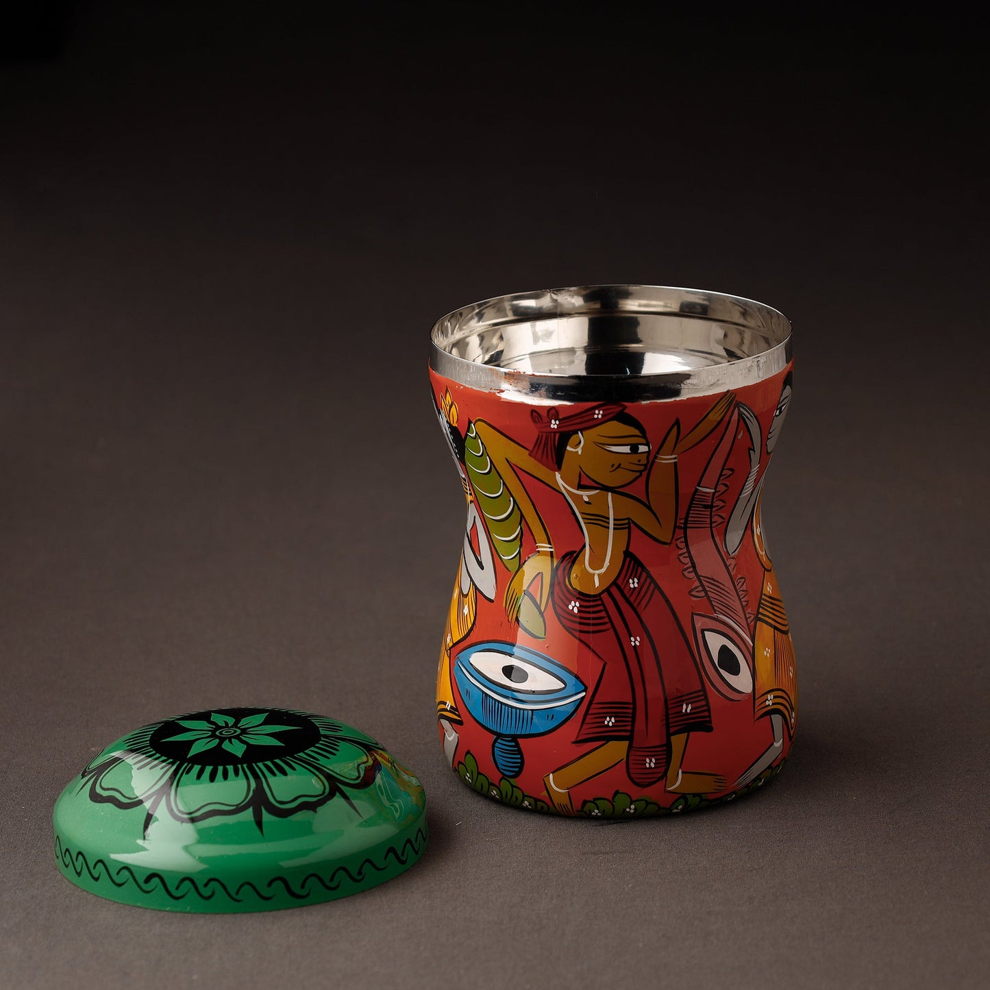 Red Bengal Patua Handpainted Stainless Steel Multi Utility Canister
