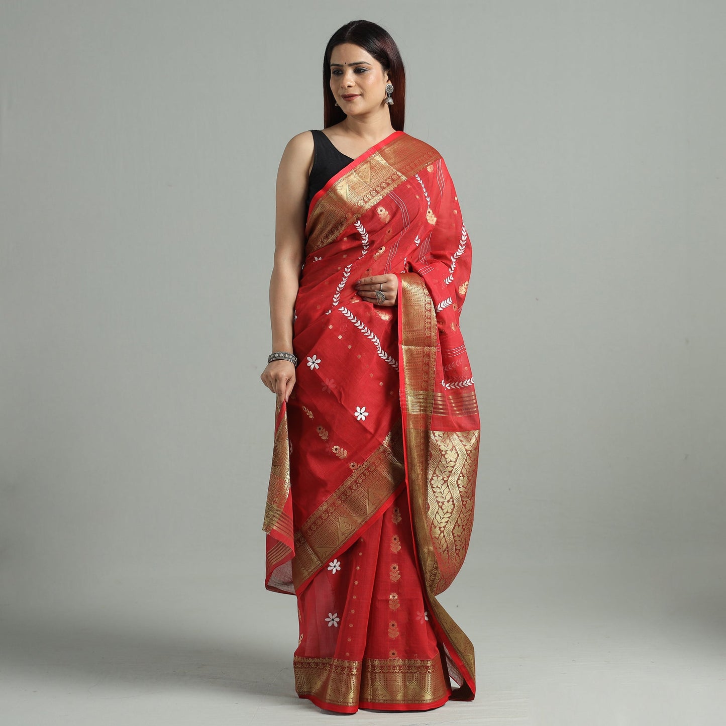 Red - bengal pure cotton zari tant handloom saree 69