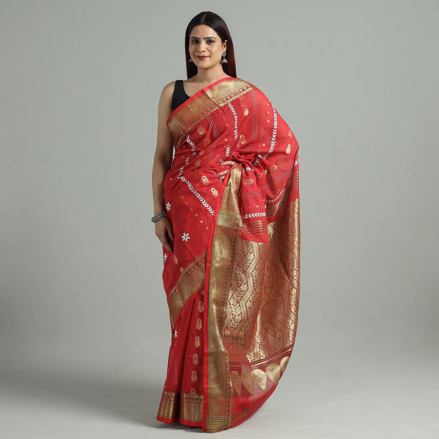 Red - bengal pure cotton zari tant handloom saree 69