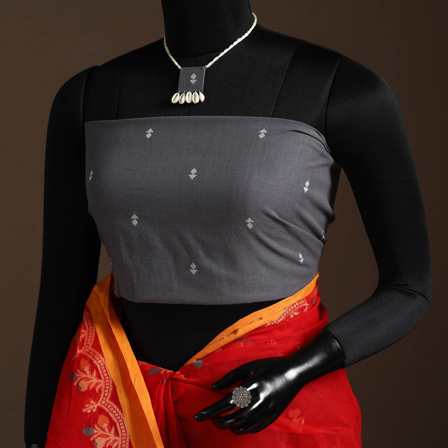 Red Bengali Tant Saree with Matching Jewellery & Blouse