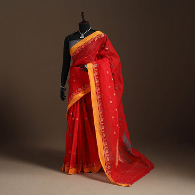 Red Bengali Tant Saree with Matching Jewellery & Blouse