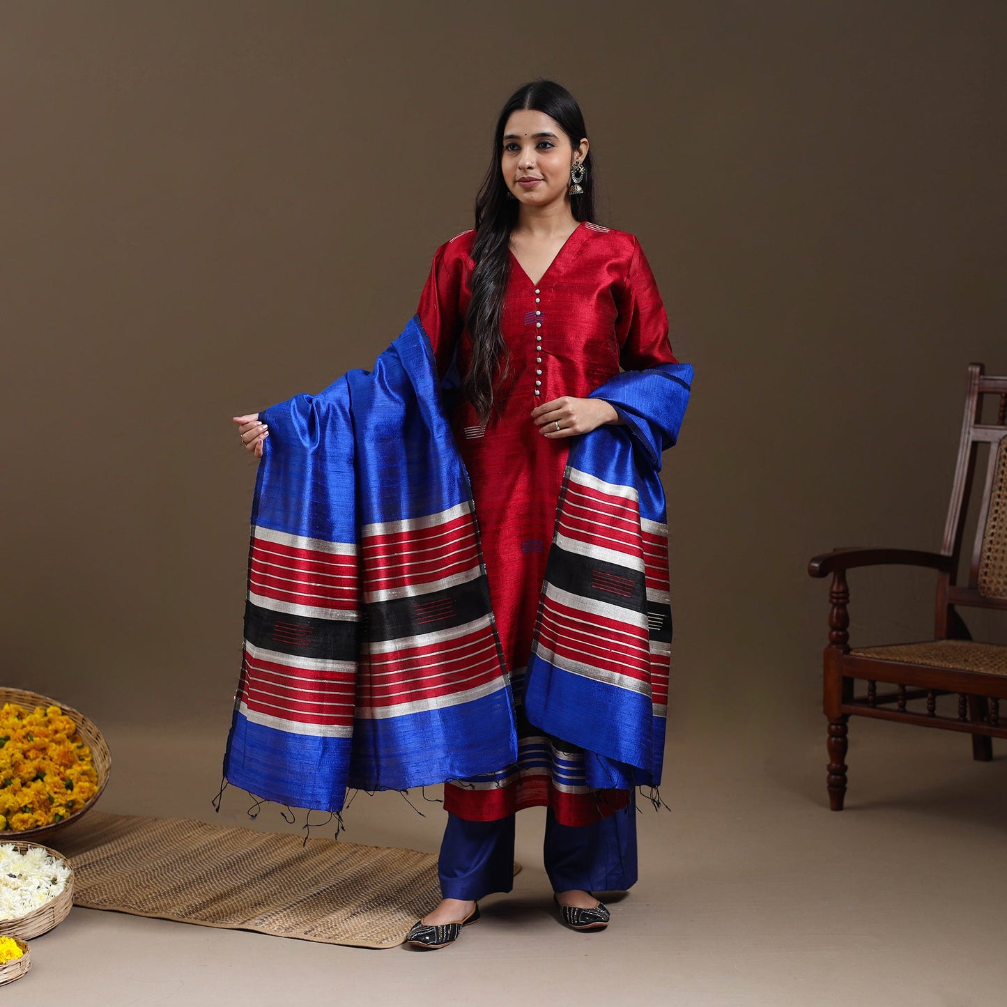 Red Bhagalpuri Handloom Tussar Silk Suit Set