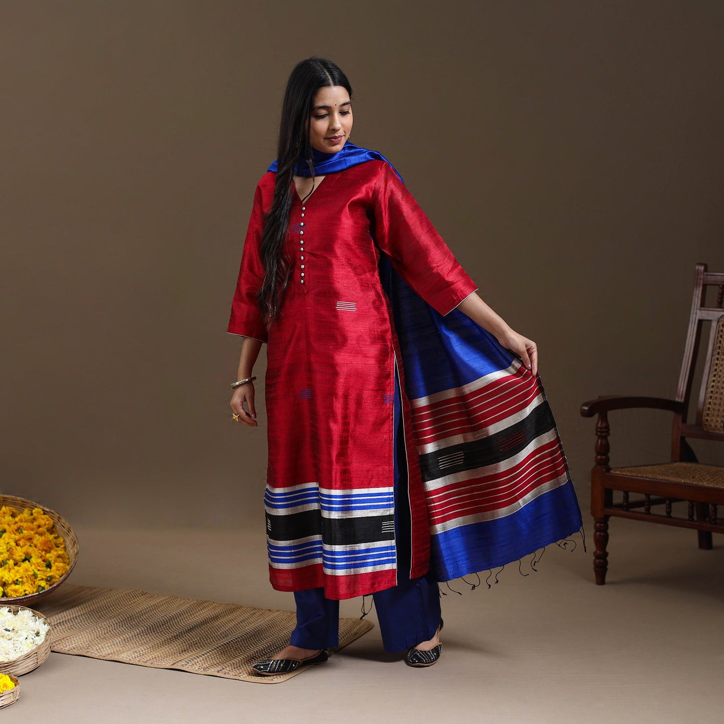 Red Bhagalpuri Handloom Tussar Silk Suit Set