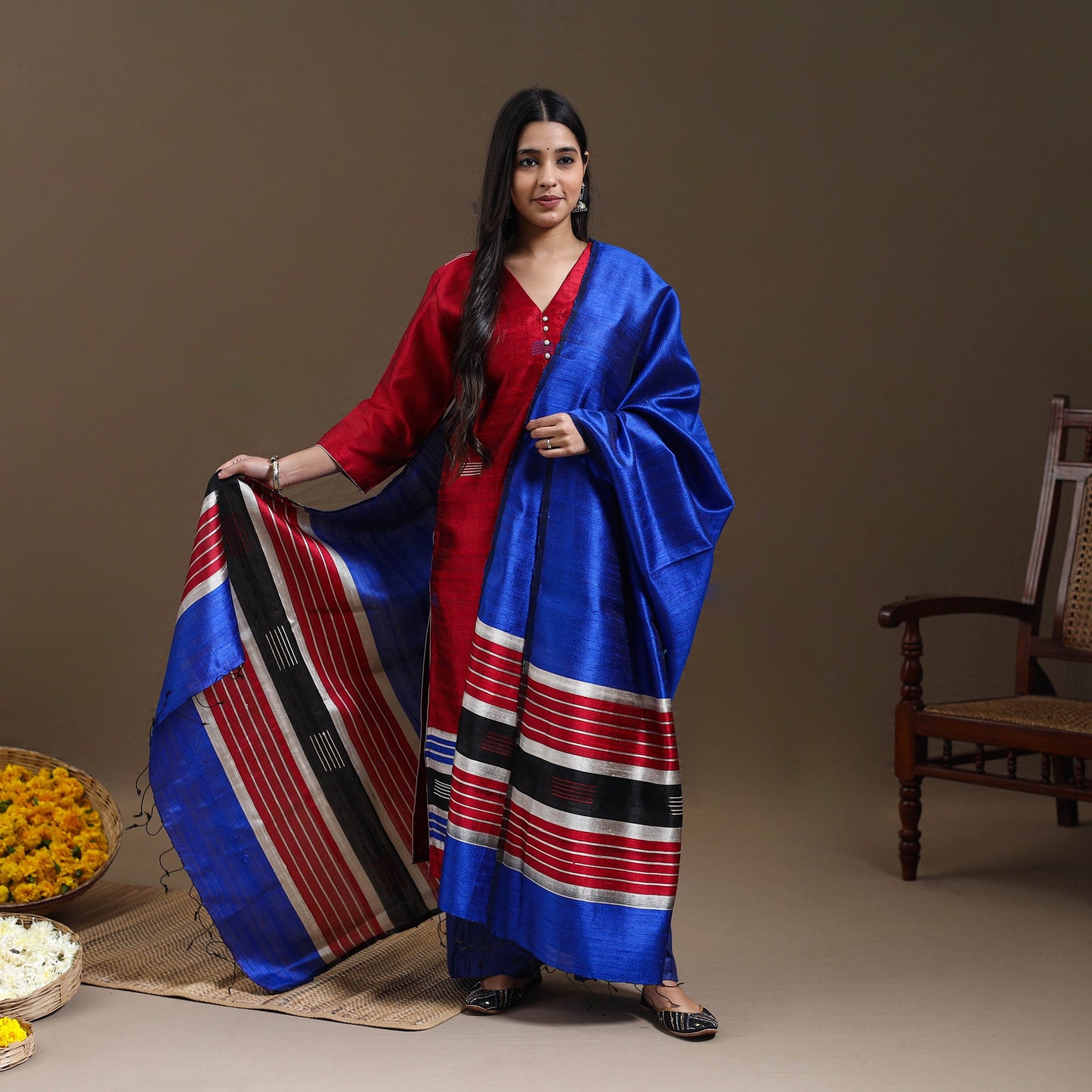 Red Bhagalpuri Handloom Tussar Silk Suit Set