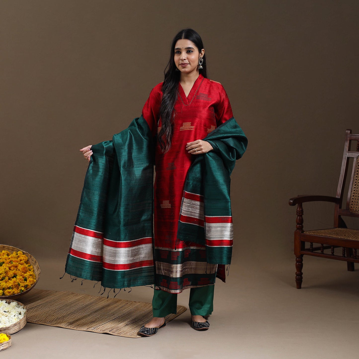 Red Bhagalpuri Handloom Tussar Silk Suit Set