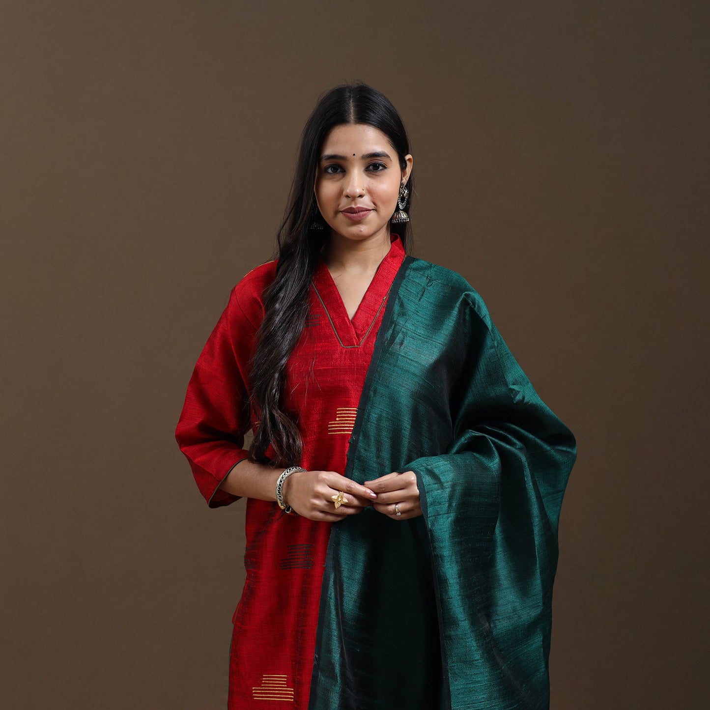Red Bhagalpuri Handloom Tussar Silk Suit Set