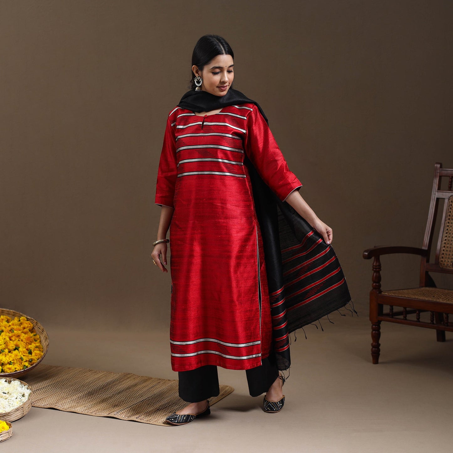 Red - bhagalpuri handloom tussar silk suit set 11