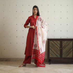 Red - bhagalpuri linen cotton plain kurta set 12