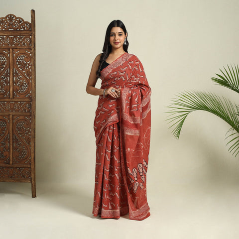 Buy Red Bindaas Art Natural Dyed Cotton Block Print Saree