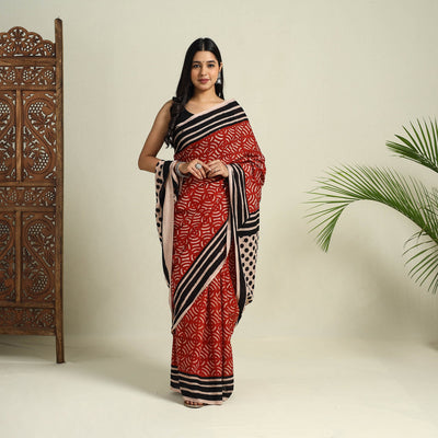 Buy Red Bindaas Art Natural Dyed Cotton Block Print Saree