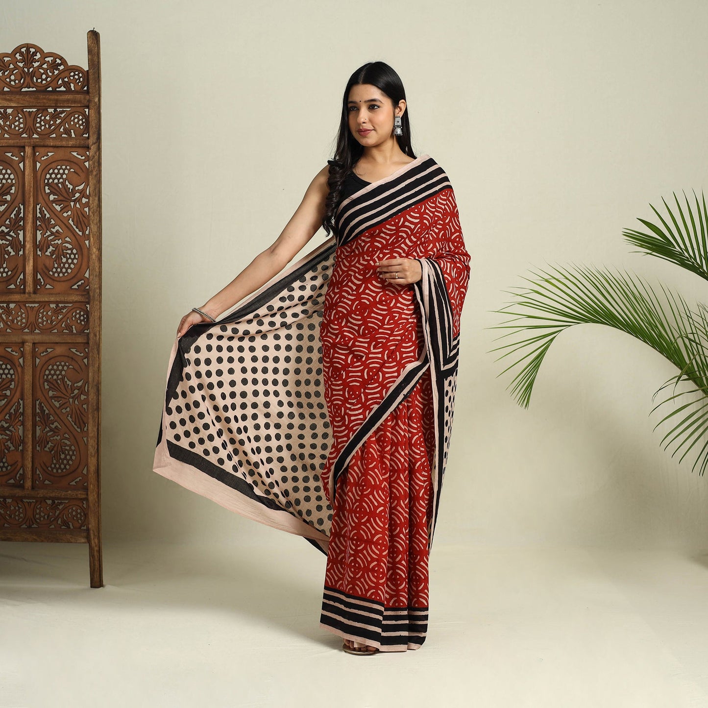 Buy Red Bindaas Art Natural Dyed Cotton Block Print Saree