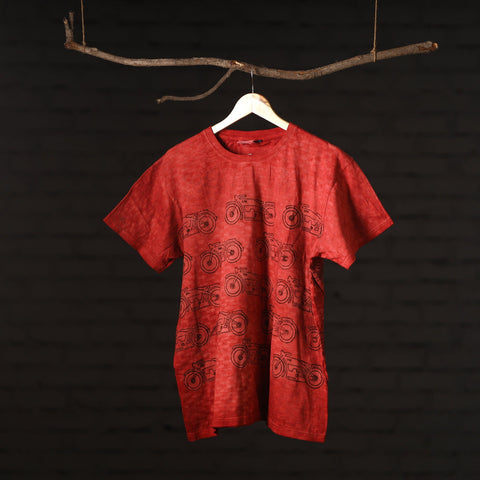 Red - Bindaas Natural Dyed Art Block Print Round Neck T-shirt in Pure Cotton