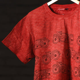 Red - Bindaas Natural Dyed Art Block Print Round Neck T-shirt in Pure Cotton