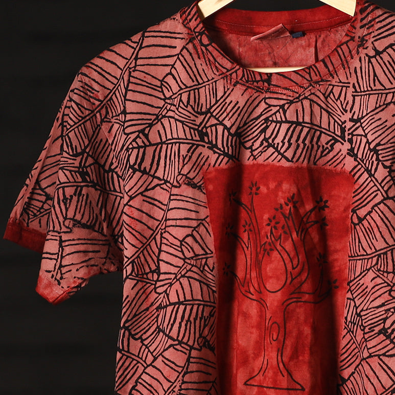  Bindaas Natural Dyed Art Block Print Round Neck T-shirt in Pure Cotton 