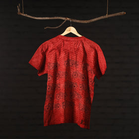 Red - Bindaas Natural Dyed Art Block Print Round Neck T-shirt in Pure Cotton