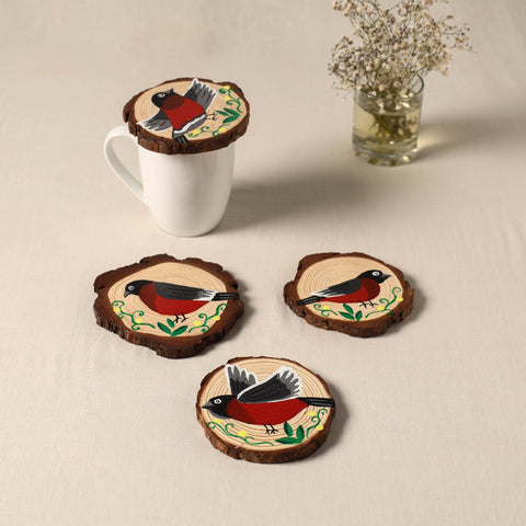 Birds - handpainted pine wood coaster (set of 4) 02