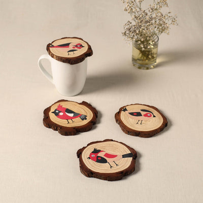Birds - handpainted pine wood coaster (set of 4) 04