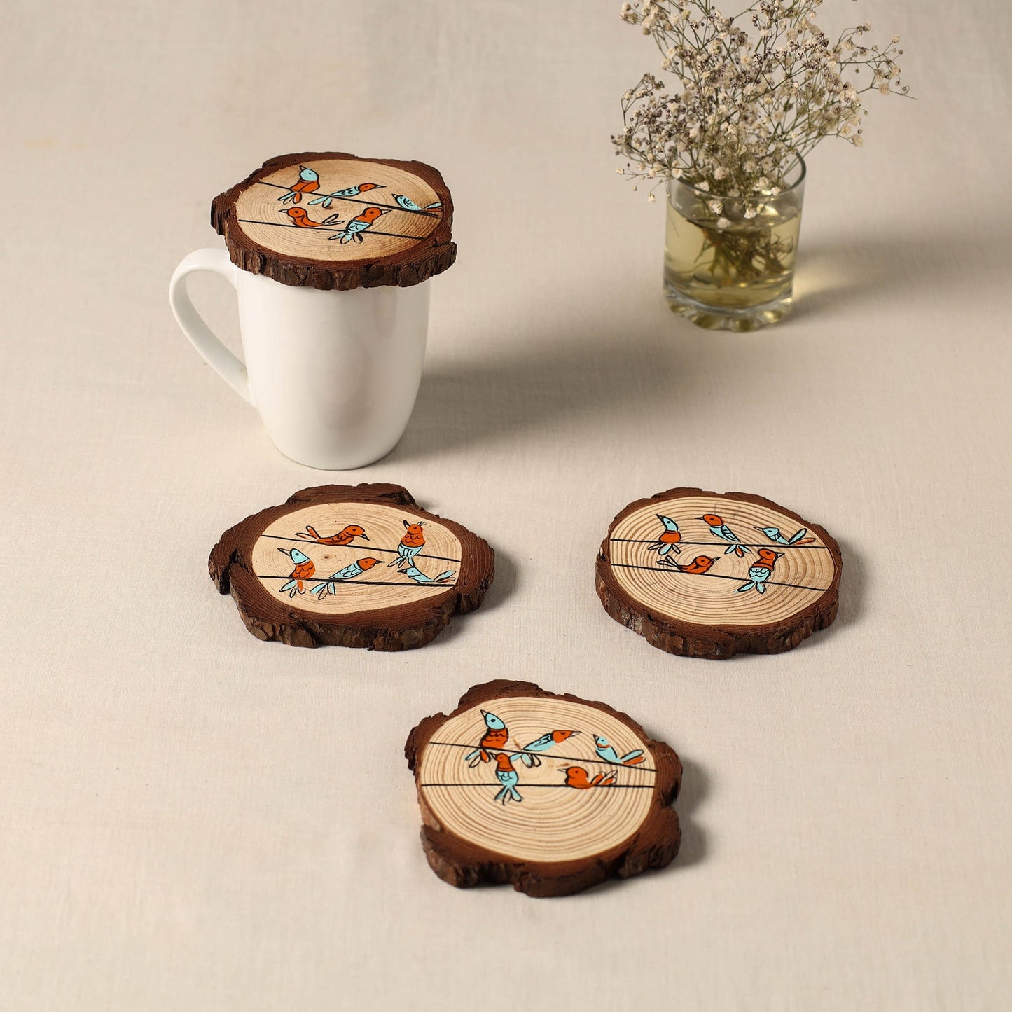 Birds - handpainted pine wood coaster (set of 4) 06