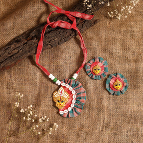 Red - bishnupur handpainted fabart clay maa durga necklace