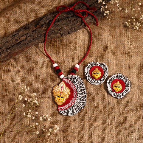 Red - bishnupur handpainted fabart clay maa durga necklace