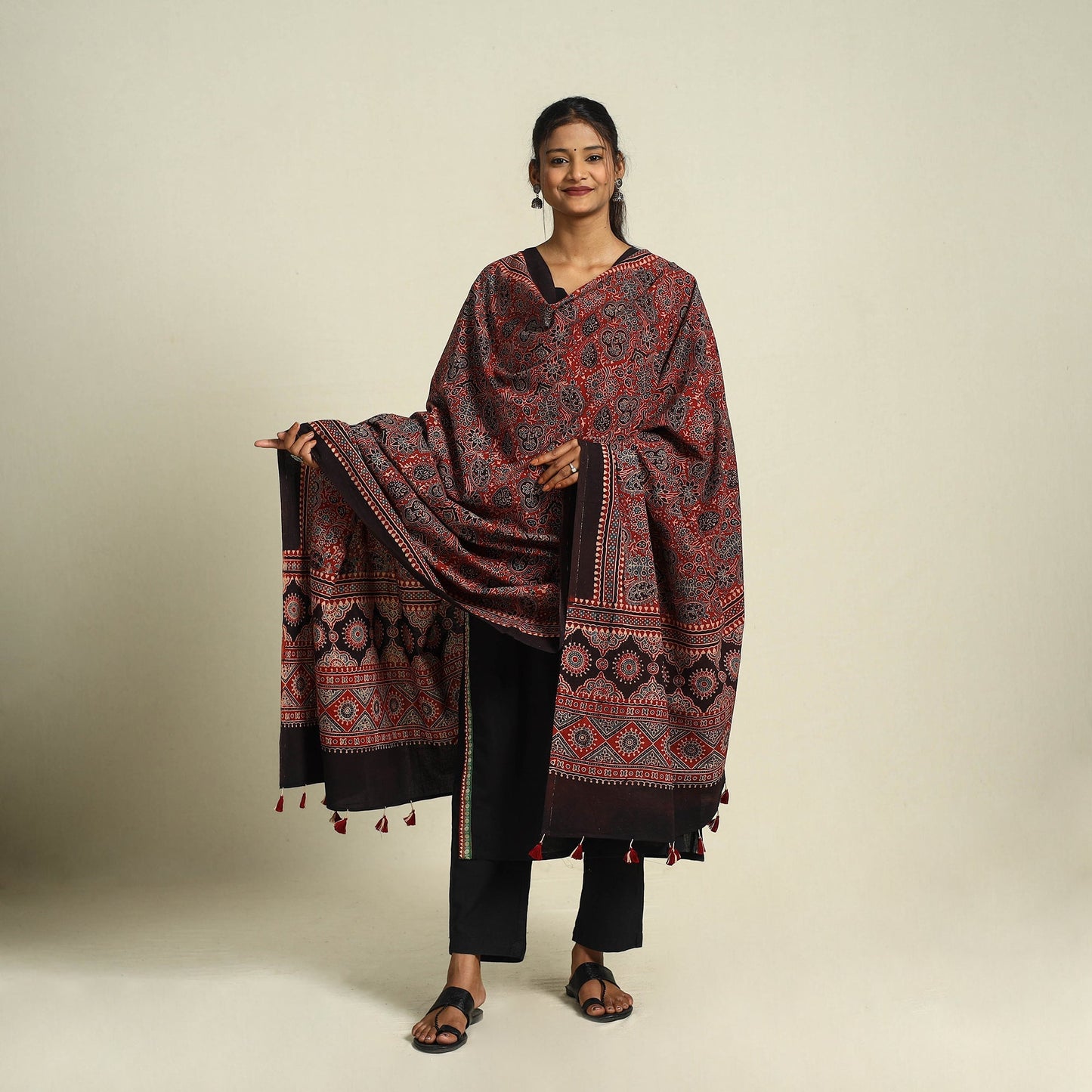 Block Print Cotton Ajrakh Dupatta With Tassels