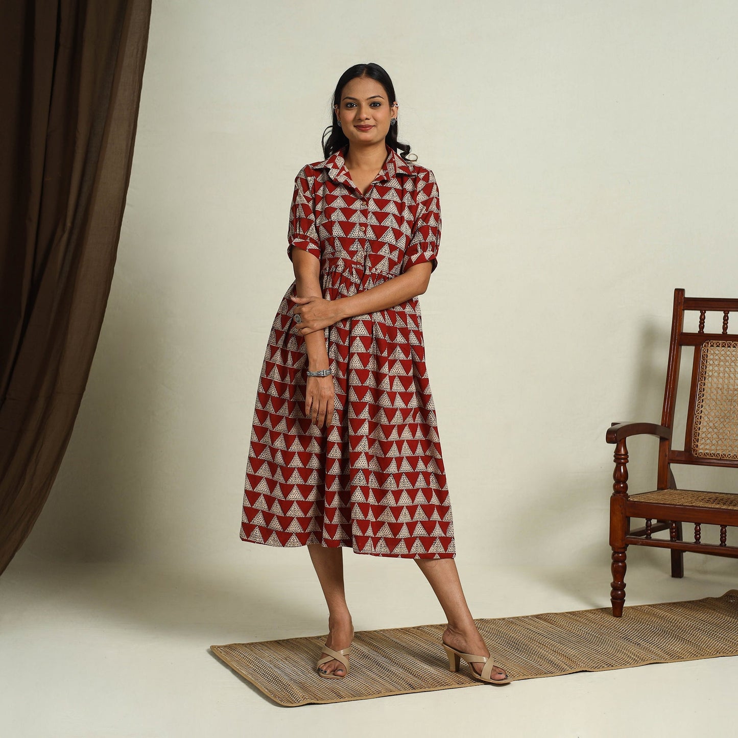  Red Block Print Cotton Button Down Bagru Dress