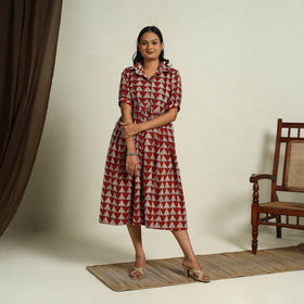  Red Block Print Cotton Button Down Bagru Dress