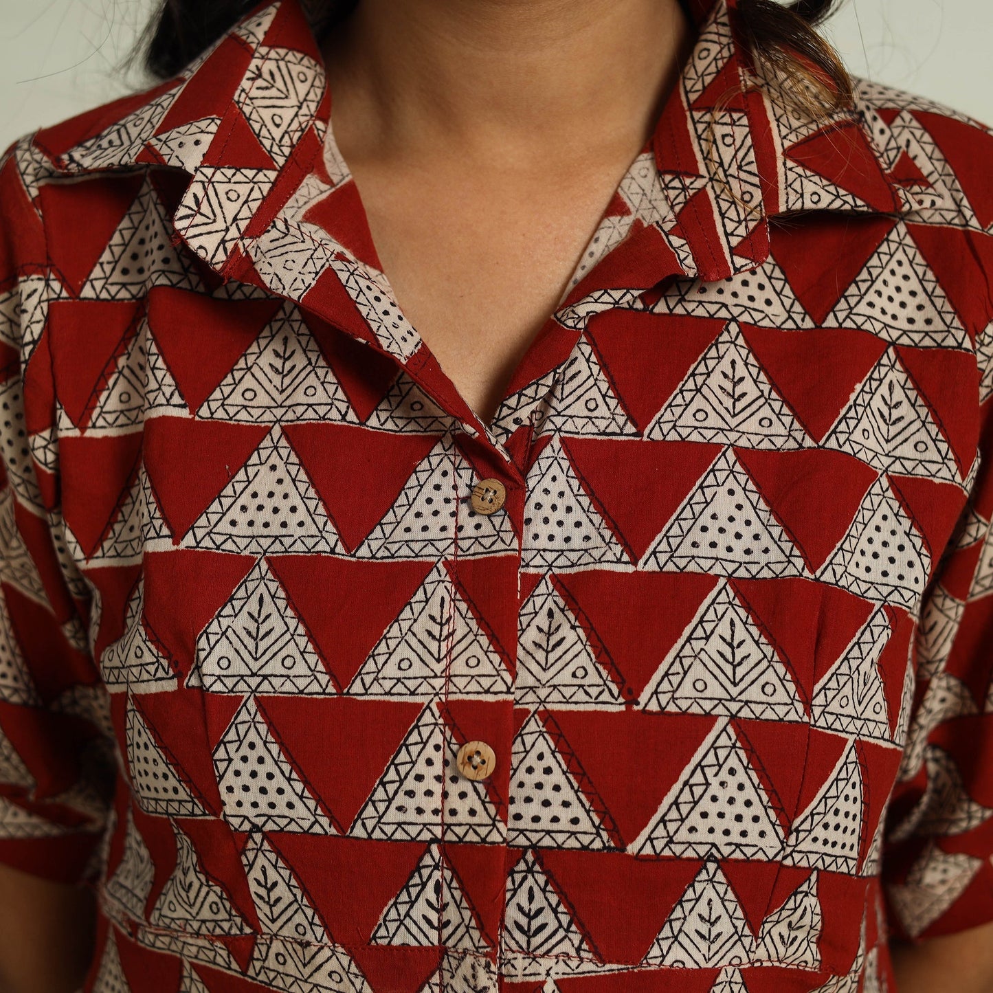  Red Block Print Cotton Button Down Bagru Dress