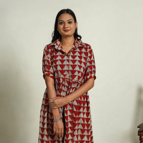  Red Block Print Cotton Button Down Bagru Dress