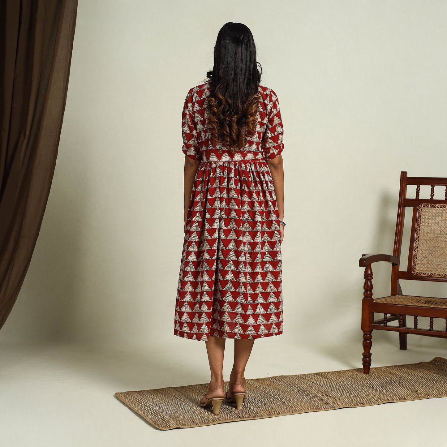  Red Block Print Cotton Button Down Bagru Dress