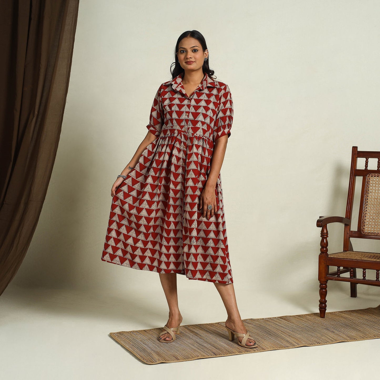  Red Block Print Cotton Button Down Bagru Dress