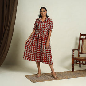  Red Block Print Cotton Button Down Bagru Dress