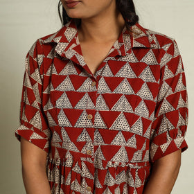  Red Block Print Cotton Button Down Bagru Dress