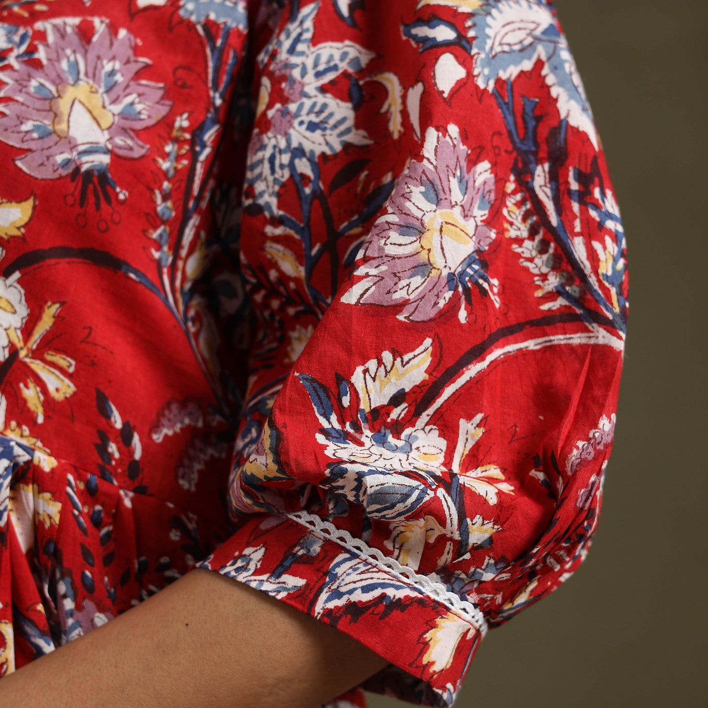 Red - block print cotton flared sanganeri dress 05