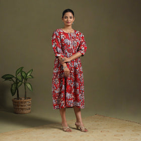 Red - block print cotton flared sanganeri dress 05