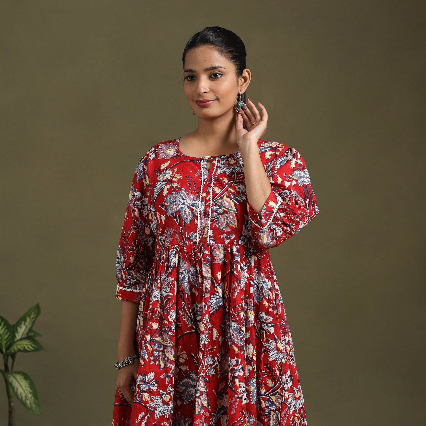 Red - block print cotton flared sanganeri dress 05