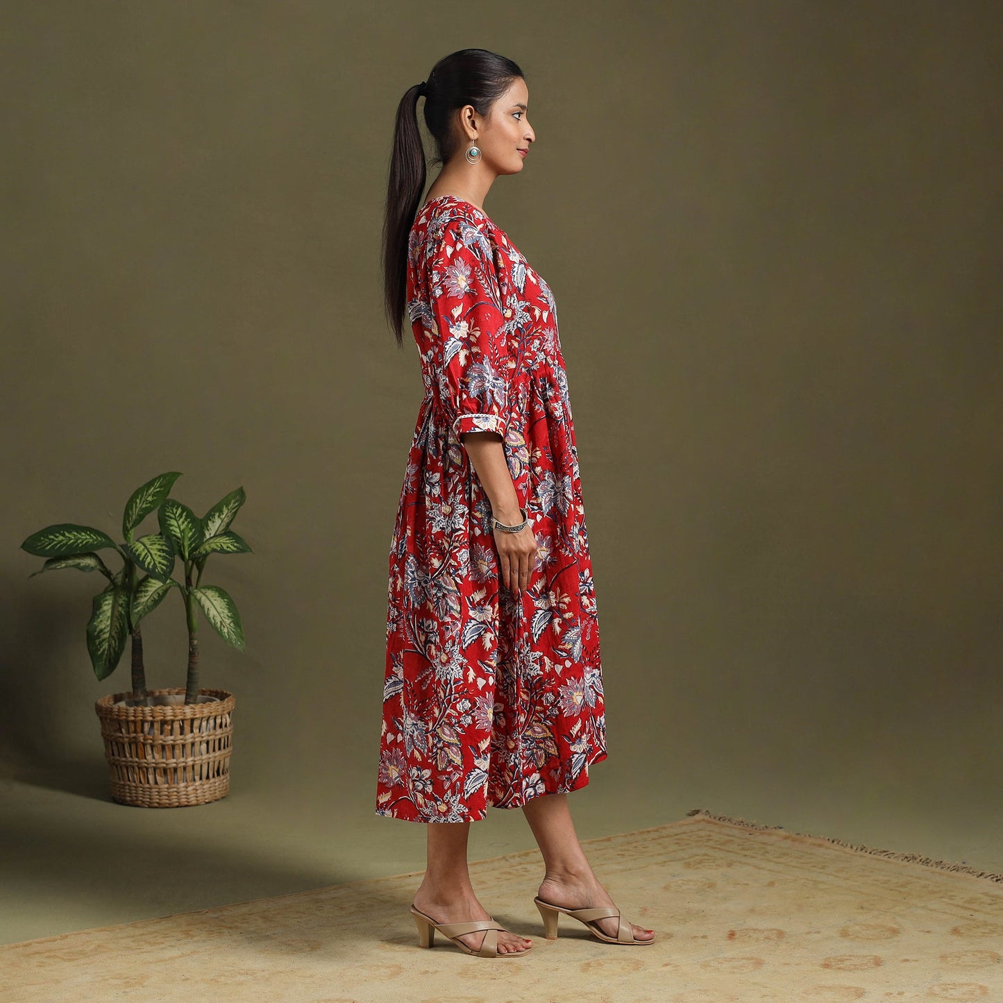 Red - block print cotton flared sanganeri dress 05