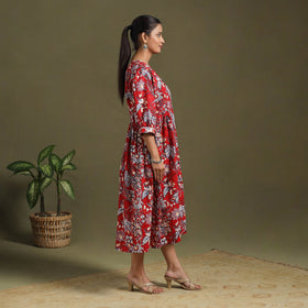 Red - block print cotton flared sanganeri dress 05