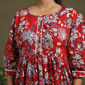 Red - block print cotton flared sanganeri dress 05