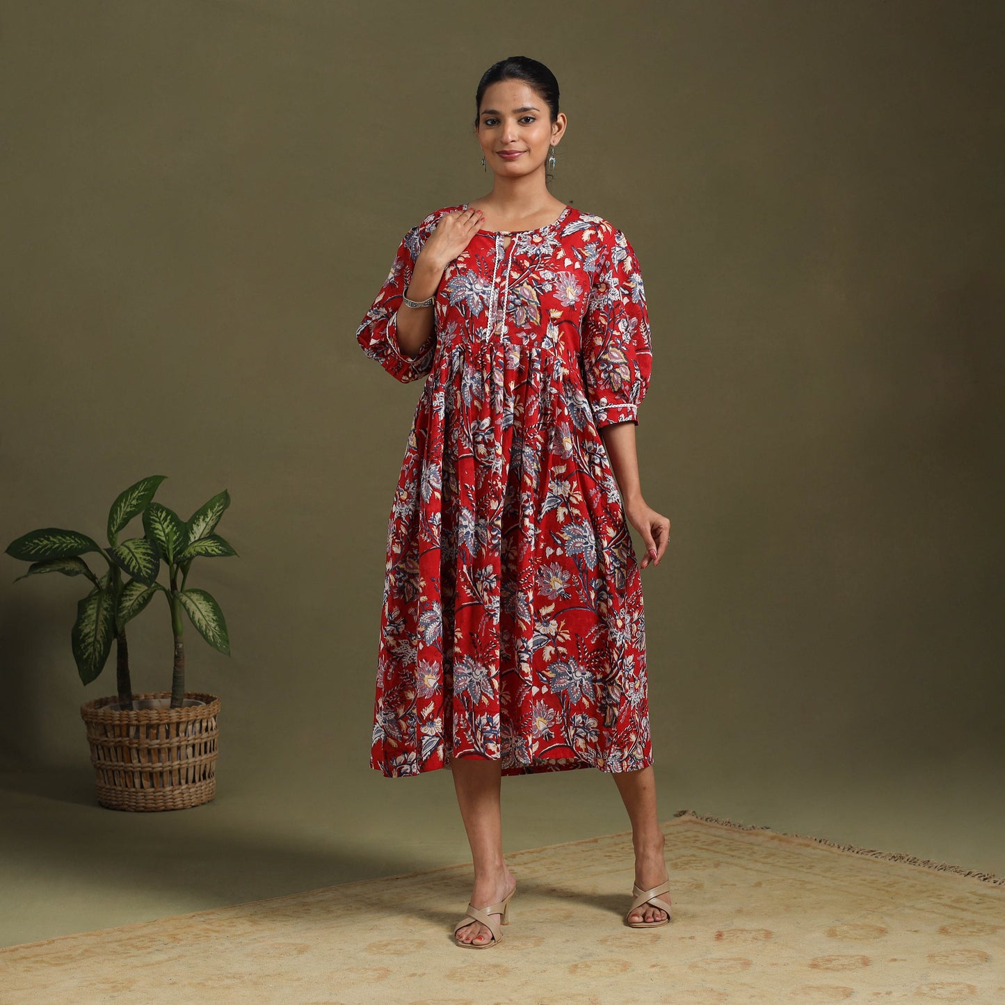 Red - block print cotton flared sanganeri dress 05